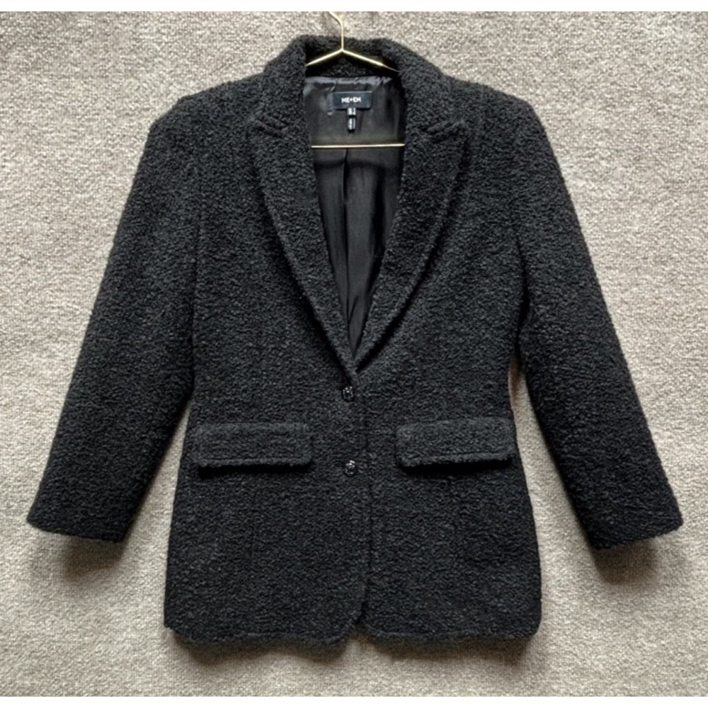 Me + Em Alpaca Wool Blend Boucle Blazer Jacket Shoulder Pads Women 4 Black EUC